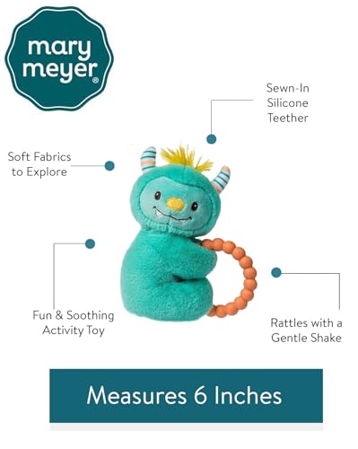 Image of Mary Meyer Soft Baby Rattle with Soothing Teether Ring, 6-Inches, Mookie Monster