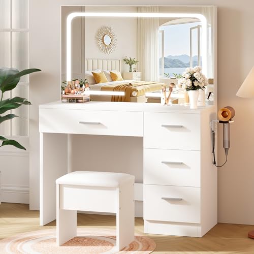 LIVELYGLOW Makeup Vanity Desk Set, White, 35.4“W x 15.7' D x 53.9' H (Large Smart LED Mirror, with...