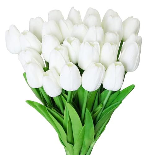 YONOOQ 20PCS Artificial Tulips Flowers, White Tulips Bouquet, 13.5 Inch