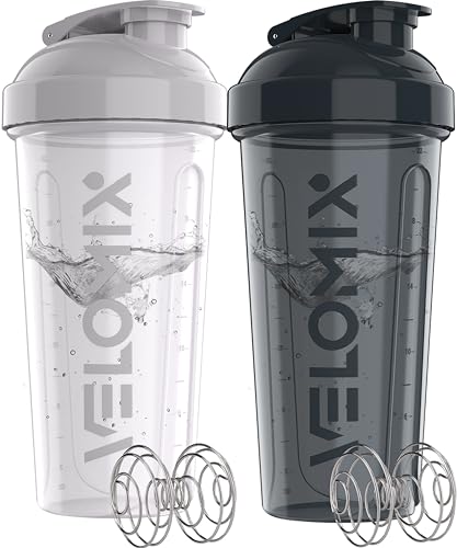 Image of VELOMIX -2 Pack- 28 oz Protein Shaker Bottles for Protein Mixes - 2x Wire Whisk | Leak Proof Shaker Cups for Protein Shakes and Pre Workout | Protein Shaker Bottle Pack (D4) Polar Contrast