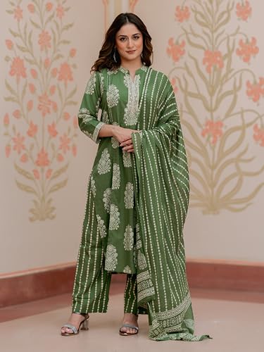 Image of Arayna Women's 100% Pure Cotton Printed Kurta Pant with Dupatta Set | Straight Kurta with Handwork Detail & Ethnic Print