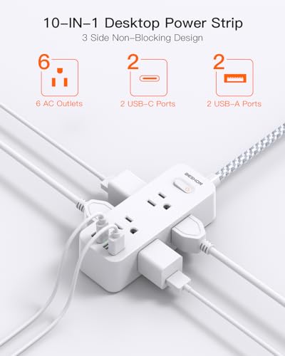Power Strip Surge Protector, 5Ft Extension Cord, 6 Outlets with 3 USB Ports(1 USB C Outlet), 3-Side Outlet Extender, Wall Mount, Compact for Travel, Home, School, College Dorm Room, and Office