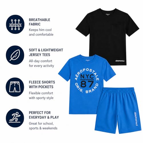 Image of AEROPOSTALE Boys Athletic Shorts Set 3 Piece Graphic T Shirts Fleece Shorts | Soft Breathable Jersey Tees, Elastic Waistband, Side Pockets, Screen-print Design, Durable Stitching for School & Play