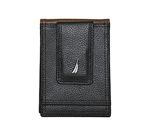Nautica Men's Pebble Two-Tone Front Pocket Leather Wallet And Money Clip With 6 Slots, Rfid Protection, And Id Window, Black/Cognac #TOP16