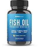 MAV Nutrition Fish Oil Omega 3 + EPA & DHA, 3600 mg | Triple Strength Brain, Heart, Joints, Skin and Immune Support | 120 Non-GMO Lemon Flavor Burpless Softgels