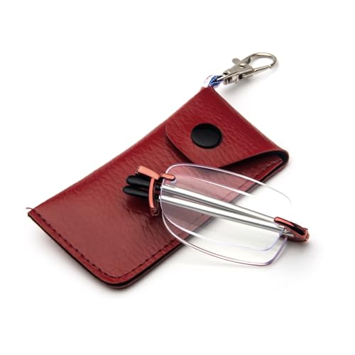 KoKoBin Gafas de lectura sin montura plegables para hombre y mujer con varilla telescópica y funda de cuero llavero Gafas portátiles anti luz azul (rojo, 1)