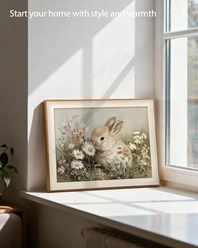 VIYYIEA Easter Vintage Bunny Framed Wall Art, Spring Floral Canvas Decor, Rabbit Painting for Holiday Home Decor, Cute Animal Print for Nursery Living Room and Seasonal Gifting, 12x16 Inch — view 3