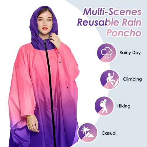 SOPPY Lightweight Waterproof Rain Poncho for Women Men, Windproof Reusable Breathable Raincoat with Hood for Outdoor Activities Quick Dry Hooded Raincoat Free Size - Gradient Pink(Width 153cm) - Image 7
