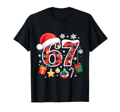 67 Christmas Red Plaid 6 7 Six Seven Boys Christmas Pajamas T-Shirt