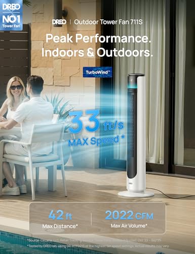 Image of DREO Smart Tower Fan for Outdoor & Indoor Use, 33 ft /s High Velocity, 12 Speeds, 4 Modes Standing Floor Fan, 150 Customizable Oscillating, 20 dB Quiet DC Motor for Bedroom, Weather Resistant