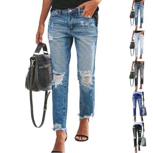 fanmpghleoo Ripped Jeans Womens Stretchy Skinny Mid Rise Distressed Jeans Frayed Hem Slim Cropped Denim Trousers with Pockets