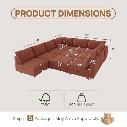 Image of 99 inch Modular Sectional Sleeper Sofa Bed with Storage & Washable Covers, 10-Seater Chenille Modular Sofa Bed with Movable Ottoman Chaise, Convertible Sleeper Sectional Couches for Living Room, Orange