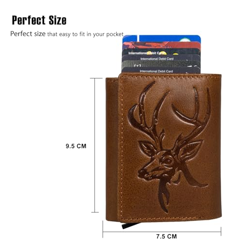 Image of Men's Genuine Leather RFID Wallet | Premium Slim Red Wallet for Men with Deer 3D Print | 8 Card Slots Secure and Durable Design |Casual Stylish | Formal & Gifting Use, Tan and Silver
