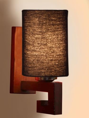 Image of Wall Lamp with Wooden Base (H- 10.9 Inch, Black) Wall Sconce for Bedroom /Living Room, Study Room, Home Office Decor | Decorative Indoor Lighting, Warm Ambient Night Light Lamp | Barrel Shape