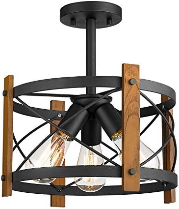 HANASS 3-Light Farmhouse Semi Flush Mount Ceiling Light, 13" Wood Flush Mount Light Fixture, Walnut Wood, Matte Black Finish, MX99984