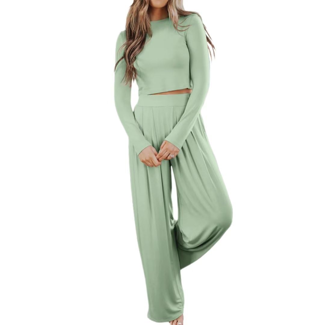 EZBELLEWomens 2 Piece Lounge Outfits Pajama Set Long Sleeve Crop Top Long Pant Pocket Pjs Sweatsuit