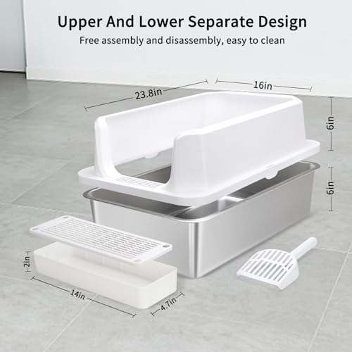 RIZZARI Stainless Steel Cat Litter Box, Semi-Enclosed Litter Box with Raised Edges, Anti-Leakage & Odorless, Easy to Clean, Large Litter Box for Small to Large Sized Cats (White) - Thumbnail 2