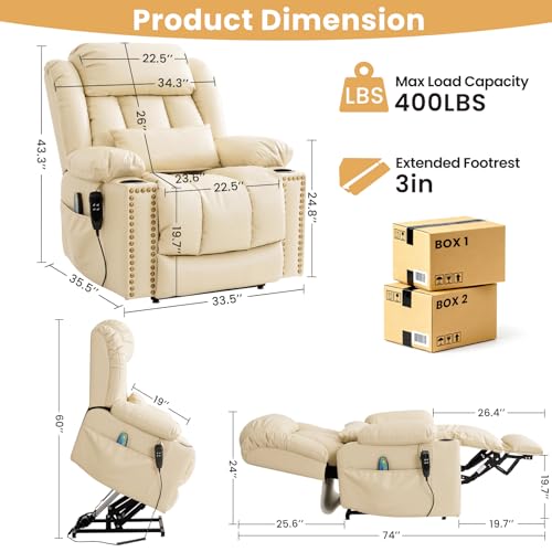 Dual Motor Power Lift Recliner Chair for Elderly, Infinite Position Lay Flat Lift Chair with Massage and Heat,Extended Footrest, Leather, USB Ports, Cup Holders & Lumbar Pillow (Cream (Nailhead Trim)) - Image 3