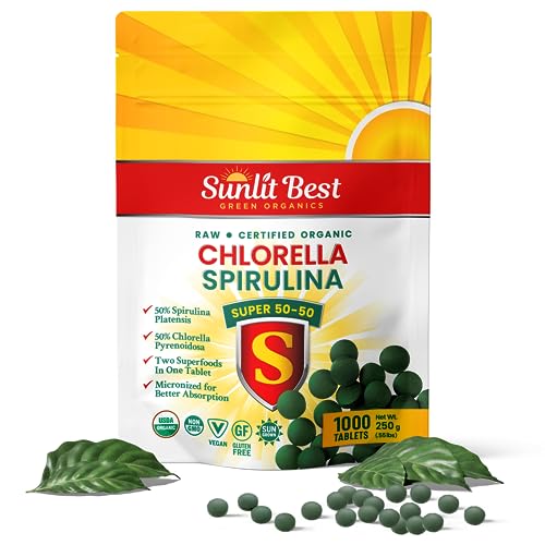Sunlit Super 50/50 Organic Chlorella Spirulina Tablets - Super Greens Supplement for Immune Support, Gut Health, Mood & Energy - Rich in Chlorophyll, Amino Acids & Vegan Protein, 1000 Superfood Tabs Sunlit Super 50/50 Organic Chlorella Spirulina Tablets - Super Greens Supplement for Immune Support, Gut Health, Mood & Energy - Rich in Chlorophyll, Amino Acids & Vegan Protein, 1000 Superfood Tabs