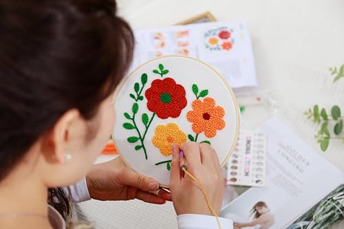 Image of Looples Punch Needle Embroidery Kit for Beginners and Adults with Video Tutorials - DIY Starter Kit with 3 Stamped Floral Patterns, Hoops, Threads, Needles, and Instructions (Punch Needle: Floral)