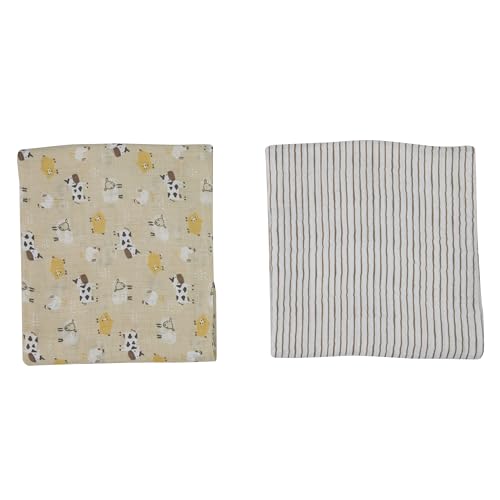 Image of Chick Pea Muslin Baby Blanket for Boy Large 36x40 2pack Brown Farm Animals Striped