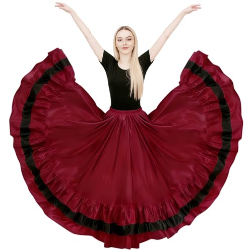 Baisdan Dance Skirt for Women, Flamenco & Belly Dance Skirt, Long Satin Spanish Folk Costume, Halloween Costume, Dark Red with Black