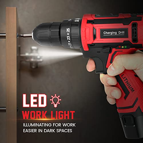 Akkuschrauber,Zateety 34 Pcs Zubehör 12v Akku Bohrschrauber Set Mit 2 Akkus 2000mAh,35 Nm Drehmoment, Drehmomentklasse 25+1,2-Gang,LED-Leuchten für Heimwerker&Wandbohrer, Holz, Metall(Rot) – Bild 7