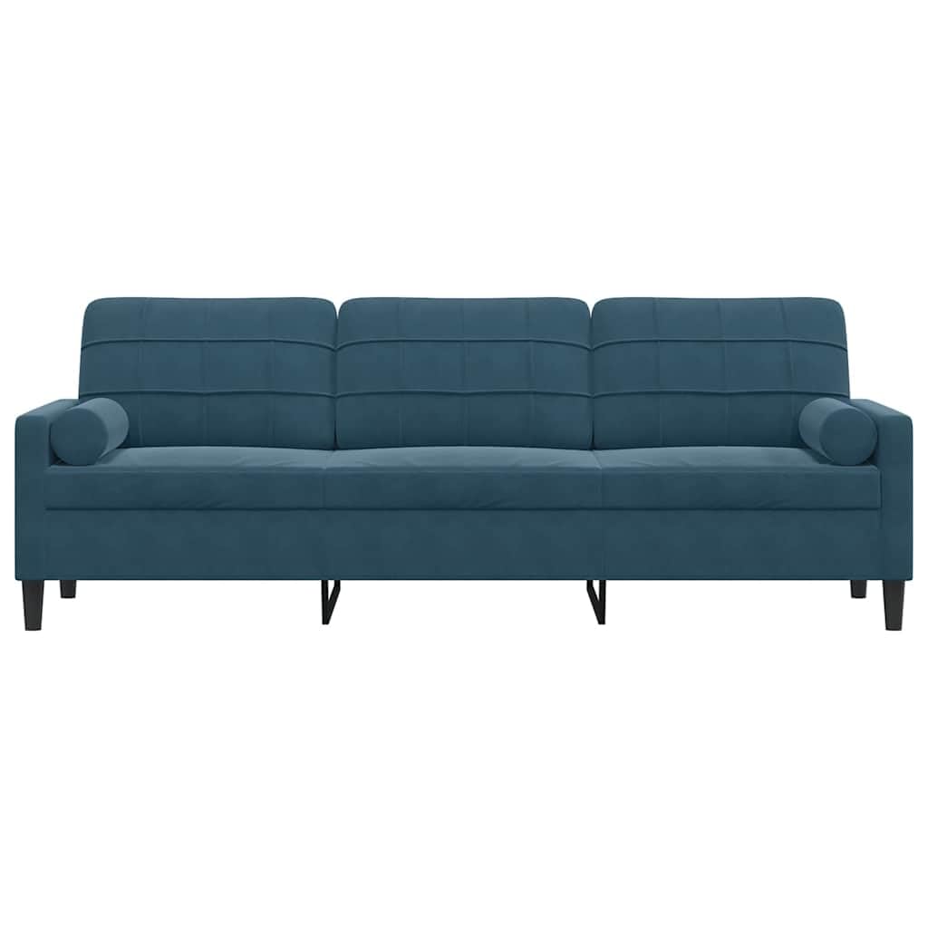 Divano a 3 posti in velluto blu con cuscino decorativo, 210 cm, per soggiorno, salotto e camera degli ospiti, mobili imbottiti con robusta struttura in metallo, design moderno, comoda seduta