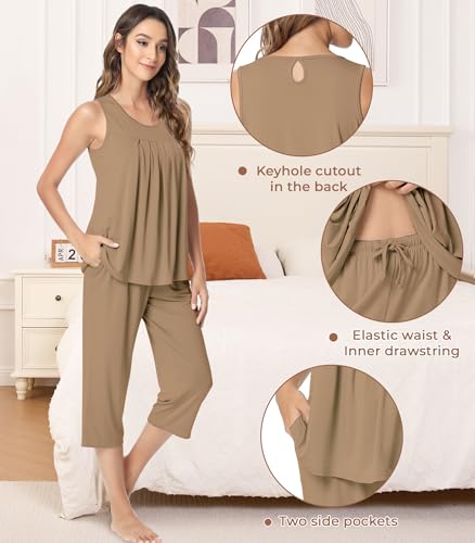 Image of NACHILA Pajamas for Women-Viscose Made from Bamboo, Sleeveless Pjs Tank Top Capri Pants Pajama Sets Cooling Sleepwear