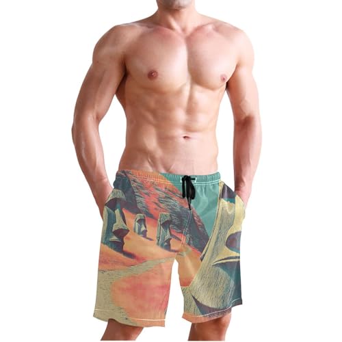 Men's Swim Trunks Easter Island Statue Print, Quick Dry Beach Board Shorts with Lining-S3