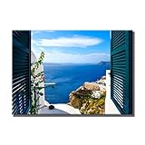 Leinwandbild Window View Santorini Griechenland | Fensterblick | 70 x 100 cm Querformat | Bild auf Leinwand | Insel Meer Aussicht Blumen Berge | Einrichtung | modern elegant | Wohnzimmer Schlafzimmer