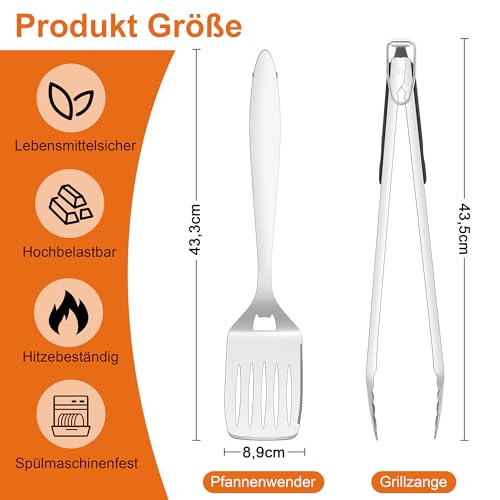 Grill Zubehör, Onader 2 Stück Edelstahl Grillbesteck Grillzubehör Set, Grillzange und Pfannenwender mit Extra-Langen Griff, Ideal für Gasgrill BBQ Camping, Hitzebeständig, Spülmaschinenfest
