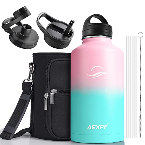 Aexpf Water Flask With Straw, Wide Mouth Half Gallon Water Bottle With Sleeve, Reusable Leak Proof Large Water Jugs For Drinking, 64 Oz Insulated Water Bottle For Gym Camping, Bubble Gum #TOP5