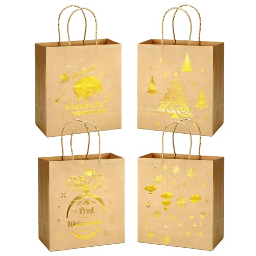 LIHAO 8× Geschenktüten Weihnachten Golde Weihnachtstüten Papiertüten mit Henkel Geschenktaschen Kraftpapier weihnachtliche Geschenkverpackung - Weihnachtsbaum und Kugelmuster (A)