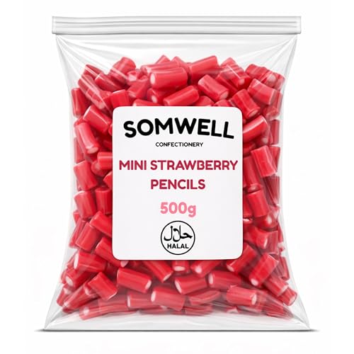 Somwell - Halal Mini Strawberry Pencils 500g Bulk Bag - Soft Centre Chewy Strawberry Sweets Pick and Mix Candy Fruit Flavoured Treats Resealable Pouch Ideal for Party Bags & Sharing