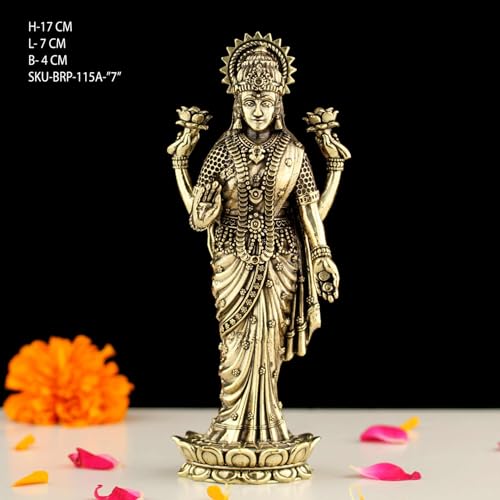 Image of INDICAST Brass Goddess Laxmi Statue for Home Temple | 7 inch Standing Maa Lakshmi Figurine Idol Murti Sacred Symbol of Wealth | Perfect for Rituals & Gifting (Weight- 320gm)