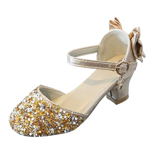 Girls Sequin Princess Shoes Shinny Bow Mary Jane Shoe Ankle Strap Chunky Block Heels Dressy Round Toe Slip on Fashion Dressy Comfortable Wedding Non Slip Party Shoes for Toddler Little Kid Big Kid