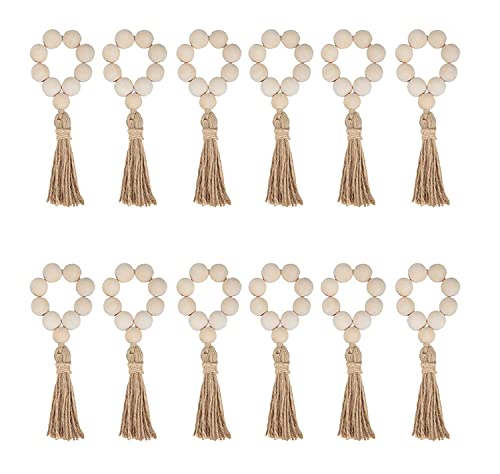 Surakey Napkin Rings Set of 12, Handmade Farmhouse Wood Beaded Garland Napkin Ring with Rope Tassel Prayer Beads Tabletop Decor for Dinning Table, Party, Wedding, Family Gatherings (Wooden)