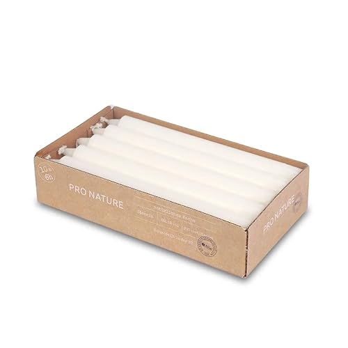 Müller Kerzen PRO NATURE Candele Steariche - Bianche - 2,2 x 20 cm - Set di 10 Candele per Candelabro - Lunga Durata di 6 Ore - Cera Naturale Senza Paraffina e Olio di Palma - Inodore