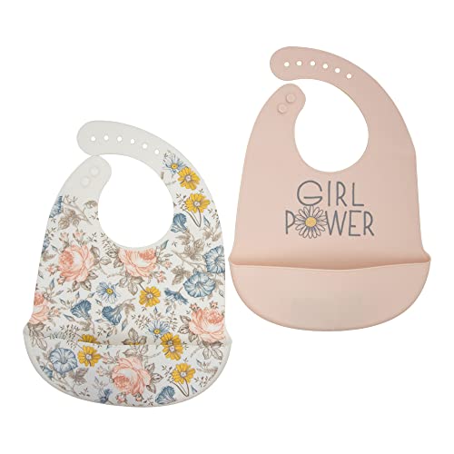 Image of Lila & Jack Silicone Baby Bibs Set Of 2, BPA Free Waterproof Soft Durable Adjustable Silicone Bibs for Babies & Toddlers-Girl Power (Pink and Floral)