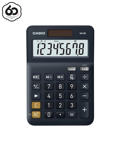 Casio Tischrechner MS-8E, 8-stellig, Währungsumrechnung, Gummifüße, Schnellkorrekturtaste, Solar-/Batteriebetrieb, Silber (Packung mit 2)