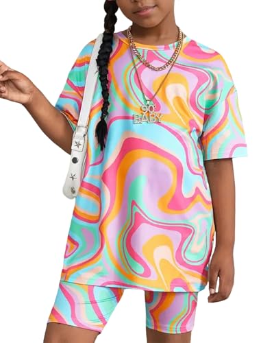 OXUBOAO Girls 2 Piece Outfit Set Oversized Graphic Tshirts and Leggings Short Sleeve Top + Biker Shorts Kids Summer Clothes (Pink， 9-10T)