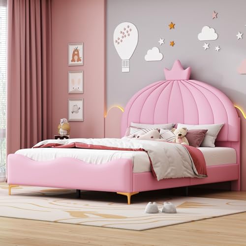 infirack Cuna tapizada para cama infantil, diseño minimalista con borde de arco, tela de piel sintética, patas de metal con somier, camas para niños y niñas