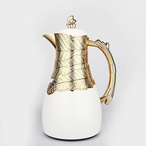 Insulated Coffee Carafe, 32 oz, Luxury Moroccan-Style Vacuum Insulated Thermos Flask with Spout, Glass Liner, for Tea, Coffee, Water - Carafes & Pitches with Lid-White and Gold
