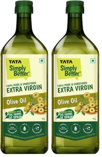 Image of Tata Simply Better Pure & Unrefined Extra Virgin Olive Oil, A1 Grade Olives From The Farms of Spain, Cold Press Extraction, Cholesterol & Trans Fat-Free, Natural Antioxidants, Rich in Vitamin E & K