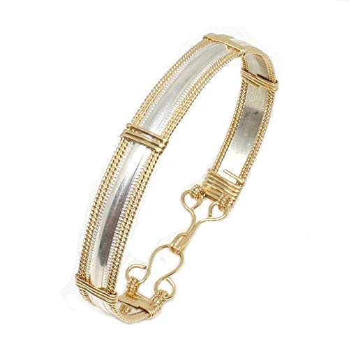 925 Sterling Silver and 14k Gold Fill Bracelet Women, Smooth Pattern Silver Bangle