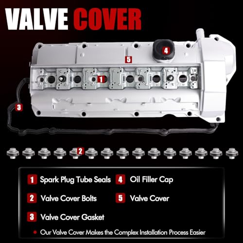 Image of MITZONE Valve Cover Kit Compatible with BMW 328i 328is 323i 323is 528i M3 Z3 M Roadster 2.5L 2.8L 3.2L 1996-2000 Replace 11121703341, with Oil Cap Gasket & Bolts, White Aluminum Valve Cover