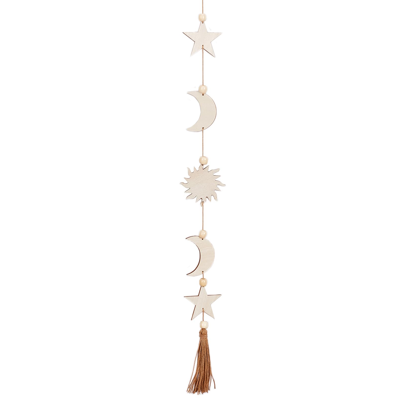 CREATCABIN Moon Star Wall Hanging Decor Wooden Bohemian Wall Art Decorations Moon Garland Ornaments Pendant with Wheat Tassel Beads for Home Bedroom Living Room Dorm Nursery Apartment Office 30.3inch