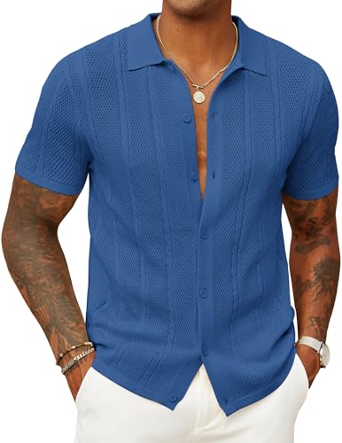 COOFANDY Mens Knit Button Down Shirts Casual Textured Polo Shirt