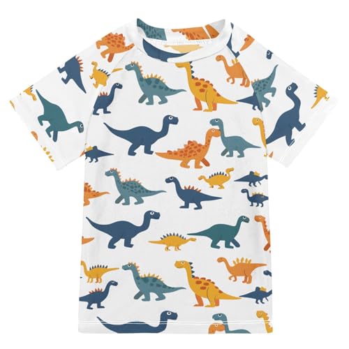ALAZA Kids Rash Guard Boys Toddler Swim Shirts Short Sleeve Dinosaurs White UPF 50+ 3T